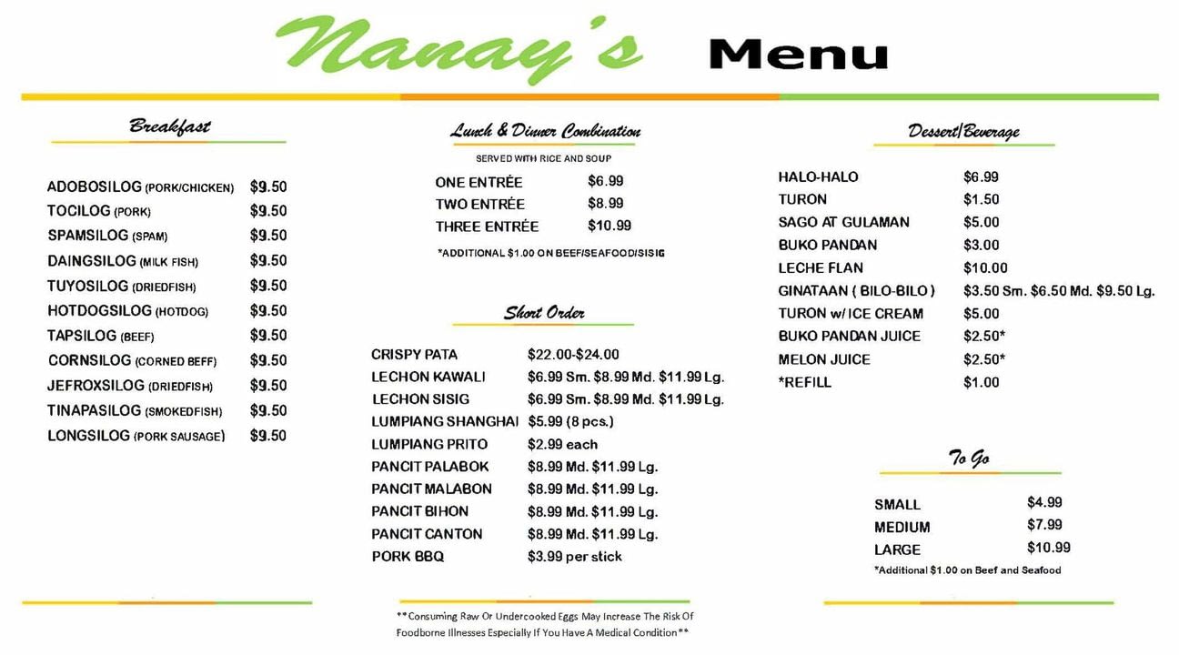 Nanays Food Menu Nanays Food Menu